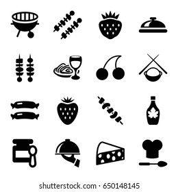 Gourmet icons set. set of 16 gourmet filled icons such as sausage, dish, baby food, cherry, maple syrup, pasta and wine glass, kebab, strawberry, bbq, dish serving