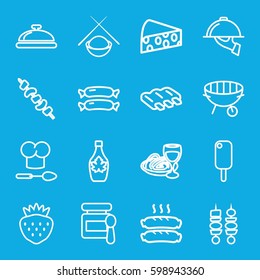 gourmet icons set. Set of 16 gourmet outline icons such as dish, sausage, baby food, maple syrup, pasta and wine glass, kebab, strawberry, bbq, dish serving
