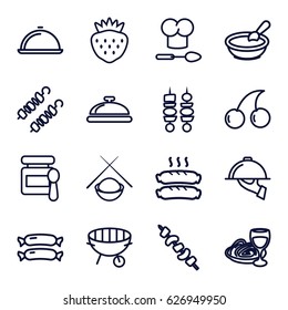 Gourmet icons set. set of 16 gourmet outline icons such as dish, sausage, baby food, porridge, Cherry, pasta and wine glass, kebab, strawberry, bbq, dish serving