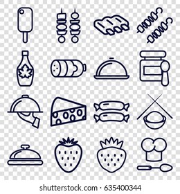 Gourmet icons set. set of 16 gourmet outline icons such as dish, sausage, baby food, maple syrup, strawberry, kebab, dish serving, chef hat and spoon, asian food, cheese