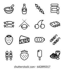 Gourmet icons set. set of 16 gourmet outline icons such as sausage, baby food, porridge, cherry, maple syrup, pasta and wine glass, kebab, strawberry, asian food, cheese