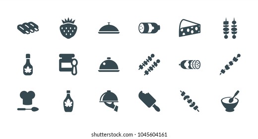 Gourmet icons. set of 18 editable filled gourmet icons: sausage, baby food, maple syrup, kebab, strawberry, dish, dish serving, chef hat and spoon, cheese, porridge