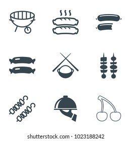 Gourmet icons. set of 9 editable filled and outline gourmet icons such as sausage, kebab, dish serving, asian food, bbq