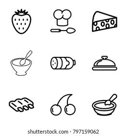 Gourmet icons. set of 9 editable outline gourmet icons such as sausage, dish, porridge, cherry, chef hat and spoon, cheese