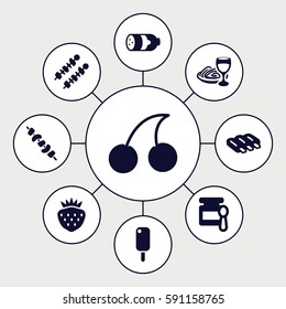 gourmet icons set. Set of 9 gourmet filled icons such as sausage, baby food, Cherry, pasta and wine glass, kebab, strawberry