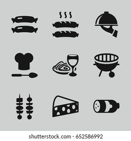 Gourmet icons set. set of 9 gourmet filled icons such as sausage, pasta and wine glass, bbq, kebab, dish serving, chef hat and spoon