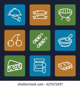 Gourmet icons set. set of 9 gourmet outline icons such as sausage, baby food, porridge, Cherry, bbq, dish serving, kebab