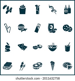 Gourmet icons set with chocolate cookie, chips, caramelized apple and other roasting elements. Isolated vector illustration gourmet icons.