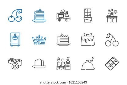 gourmet icons set. Collection of gourmet with chocolate, dinner, mixed, gelatine, cherry, caramel, cake slice, ice cream machine, sauce, ice cream truck. Editable and scalable gourmet icons.