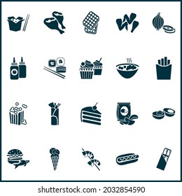 Gourmet icons set with popcorn, cupcakes, waffles and other cinema snack elements. Isolated vector illustration gourmet icons.