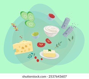 Gourmet Zutaten Vektorgrafik. Butter, Käse, Tomaten, Soßen, Salz, Pfeffer, feine Kräuter. Kulinarisches Kochkonzept