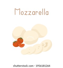 Queso italiano gourmet Mozzarella con tomates de cerezo. Bolas de Mozarella enteras y sus trozos cortados. Dibujo vectorial plano y colorido de alimentos delicatessen aislados en fondo blanco