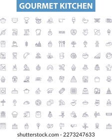 Gourmet kitchen line icons, signs set. cooking, appliances, countertops, backsplash, cabinets, cooktop, island, range, dishwasher outline vector illustrations.