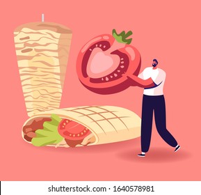 Gourmet Male Character Carry Half of Ripe Fresh Tomato near Huge Shawarma with Meat and Vegetables. Culinary Workshop, Cooking Tutorial, Restaurant or Bistro Menu. Cartoon Flat Vector Illustration