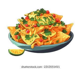 A gourmet nachos plate with fresh cilantro icon isolated