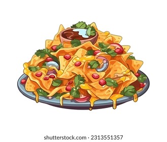 Gourmet nachos plate with fresh vegetables and cilantro icon