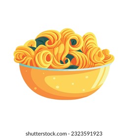 Gourmet pasta meal in yellow bowl over white