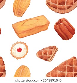 Padrão de aquarela de doces gourmet: Maçã Rotnover (Chausson aux Pommes), Puits d'Amour, Financier, Canelé Caramelized Custard Cake. Fundo clássico europeu sobremesas pão padaria. Acolhedor realista
