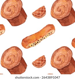 Padrão de aquarela de doces gourmet: Flaky Brioche, Brioche Feuilletée, Swiss Roll Pain Suisse, Apple Turnover Chausson aux Pommes. Cozinha comida mão pintado fundo. Estilo acolhedor bonito realista.