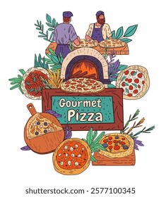 Gourmet pizza chefs baking wood-fired pizzas colorful ingredients leaves oven rustic kitchen scene food preparation culinary art