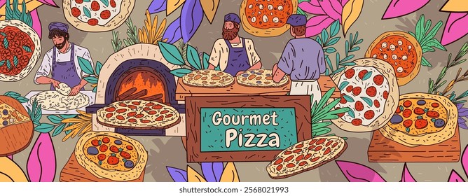 Gourmet pizza chefs prepare artisanal pizzas with fresh ingredients near a wood-fired oven surrounded by colorful leaves and decorative elements