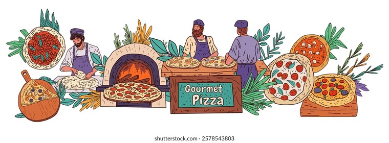 Gourmet pizza chefs preparing artisanal pizzas in a wood-fired oven setting surrounded by fresh ingredients and vibrant foliage. Ideal for website banner