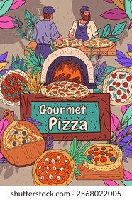 Gourmet pizza chefs wood-fired oven colorful pizzas vibrant leaves culinary scene artistic banner