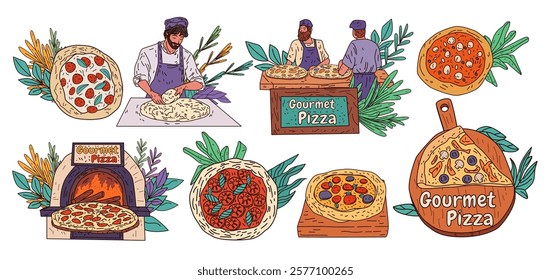 Gourmet pizza preparation chef cooking scene. Colorful elements include chefs making dough wood-fired oven pizzas and fresh ingredients. Perfect for food-themed designs