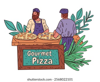 Gourmet pizza stall chefs preparing pizzas surrounded by green leaves wooden counter two people wearing aprons casual outdoor setting