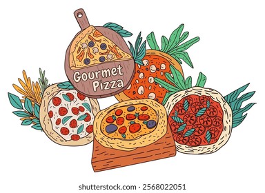 Gourmet pizza variety colorful toppings herbs artistic food design with vibrant colors and detailed ingredients perfect for menu or culinary website