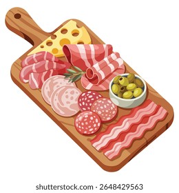 Gourmet platter of assorted cold cuts and cheese isolated vector illustration on white background