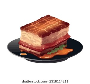 Gourmet pork steak meal on decorative plate icon isolated
