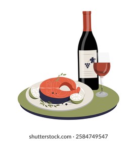 Gourmet Salmon Dish With Red Wine Bottle And Glass In Flat Vector Illustration Symbolizing Fine Dining, Luxury Cuisine, And Restaurant Experience, Isolated On White Background.