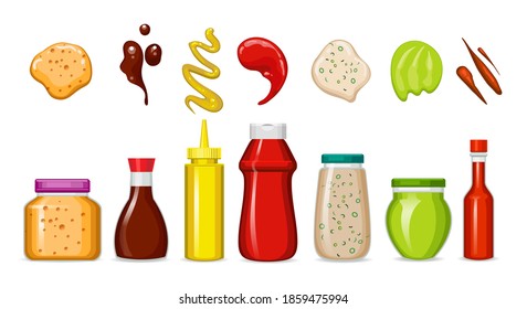 Gourmet sauces bottles. Kitchen dips bottle set, ketchup and wasabi, soy and bbq, mayonnaise and mustard packaging jars vector illustration