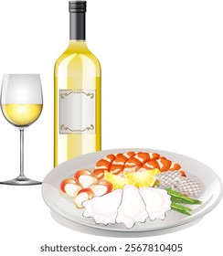 A gourmet seafood dish paired with white wine