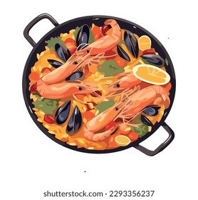 Gourmet seafood paella with fresh prawns isolated