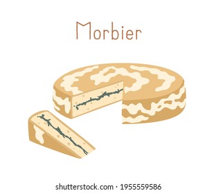 Gourmet semi-soft cheese with sticky rind and thin black layer in the middle. Cut triangle piece of delicious French creamy chees. Colored flat vector illustration of delicatessen isolated on white