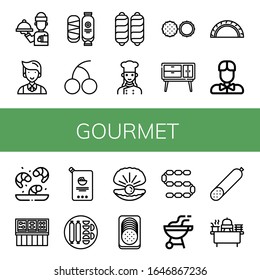 gourmet simple icons set. Contains such icons as Waiter, Chocolate, Cherry, Sausage, Chef, Buffet, Cheburek, Shrimp, Mayonnaise, Oyster, Bbq, can be used for web, mobile and logo