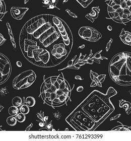 Gourmet snacks seamless pattern. Cheese, sausages, bread hand drawn. Gourmet food menu design template. Engraved style. 