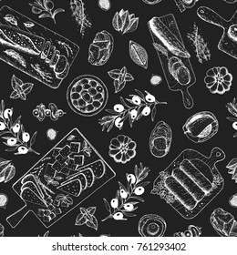 Gourmet snacks seamless pattern. Cheese, sausages, bread hand drawn. Gourmet food menu design template. Engraved style. 