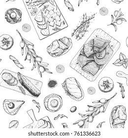 Gourmet snacks seamless pattern. Cheese, sausages, bread hand drawn. Gourmet food menu design template. Engraved style. 