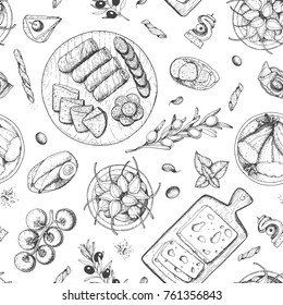 Gourmet snacks seamless pattern. Cheese, sausages, bread hand drawn. Gourmet food menu design template. Engraved style. 