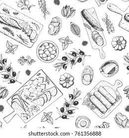 Gourmet snacks seamless pattern. Cheese, sausages, bread hand drawn. Gourmet food menu design template. Engraved style. 