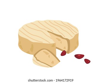 Gourmet soft cheese Brie with gray rind of mold. Cut triangle piece of delicious moldy creamy chees. Colored flat vector illustration of French delicatessen food isolated on white background.