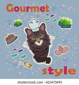 Gourmet style. Cat chef cooks the food