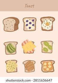 Gourmet Toast Vector Set Hand Drawn Breakfast Bread Collection with Avocado Egg Bacon Peanut Butter Banana Kiwi and Blueberry Cream Cheese