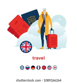 Gourmet traveller. Old man in yellow coat with red bag, plane ticket, passport, flag icons. For illustration of business and other travel.