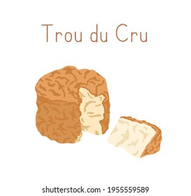 Gourmet Trou du Cru cheese with orange rind. Cut triangle piece of delicious French creamy soft chees. Colored flat vector illustration of straw-flavored delicatessen isolated on white background