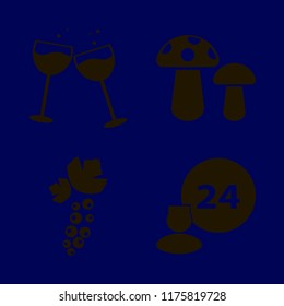gourmet vector icons set. with glasses wine, mushrooms, room service and black currant berry in set
