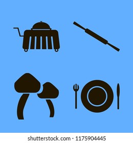gourmet vector icons set. with room service, mushrooms, plate folk knife and rolling pin in set
